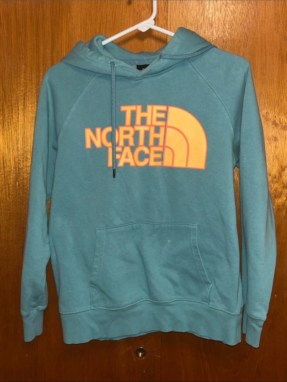 The North Face Teal Pullover Hoodie with Orange Logo